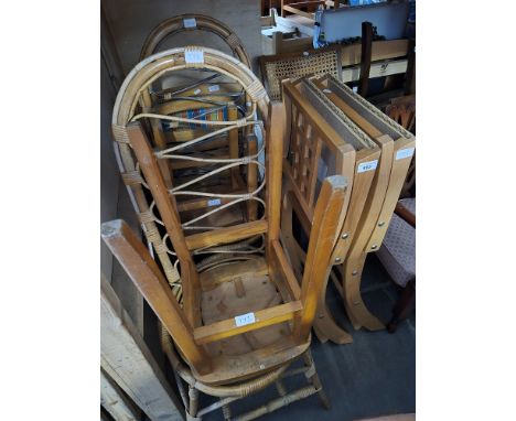 A mixed lot comprising pair of vintage bamboo/wicker chairs in the style of Dirk van Sliedrecht, a pair of stools, pair of fo