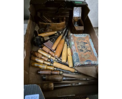 A box of old cabinet makers tools including Marples turning chisels, etc