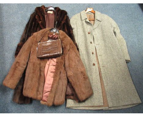 Small collection of vintage clothing and accessories to include; a 3/4 length fur coat with Furrier Marguerite label, a rabbi