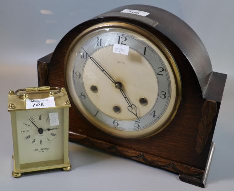 Mid century oak cased three train art mantel clock with presentation plaque, together with a modern quarts movement carriage 