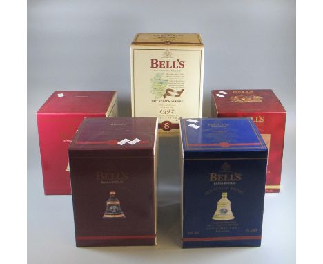 Five boxed Bell's extra special old Scotch whisky decanters, all in original boxes to include; Alexander Graham Bell and Jame