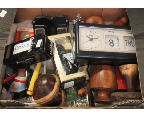 Box of oddments to include treen items, mushrooms, Sawyer's Viewmaster retro vintage calendar clock, tin of coins, etc.(B.P. 