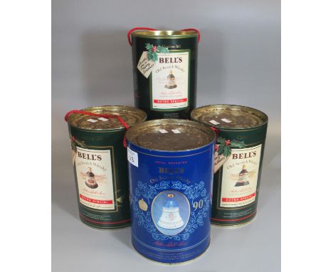 Three Bell's old Scotch whisky extra special decanters in tubular boxes with rope handles to include; Christmas 1989, 1990 an