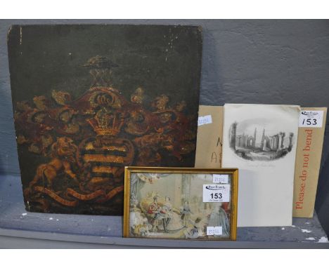 18th Century unframed armorial panel painted on oak panel, together with a small coloured Baxter type print of Queen Victoria