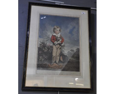 After Gainsborough, portrait of a little boy with dog, coloured mezzotint engraving in Hogarth frame. 60 x 40cm approx.(B.P. 