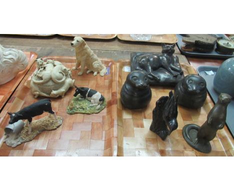 Two trays of various animal statues to include: a Paul Jenkins resin, cat adorned, lidded pot, a Border Fine Arts golden retr