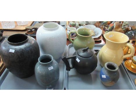 Two trays of assorted china to include; three Poole vases of different sizes and colours with speckled glazes, two ribbed des