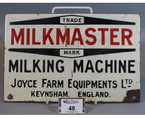Vintage enamel sign 'Milkmaster Mark Milking Machine, Joyce Farm equipments Ltd Keynsham, England'.(B.P. 21% + VAT) 