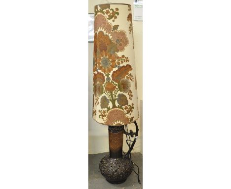 1970's pottery brown ground table lamp with large conical floral shade, possibly West German.(B.P. 21% + VAT) 
