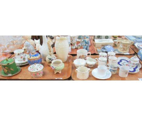 Two trays of assorted china to include: a Dresden lidded inkpot and pen tray, Royal Worcester creamware mustard pot with embo