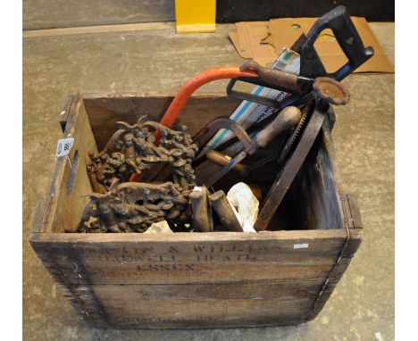 Vintage wooden crate comprising assorted metalware and tools ; various to include; picture frames, saws etc. (B.P. 21% + VAT)