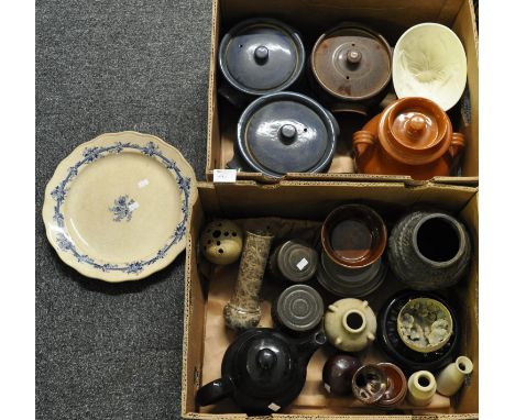 Two boxes of crockery to include: three glazed, lidded pottery casserole pots and one tagine style pot, teapot, hardstone vas