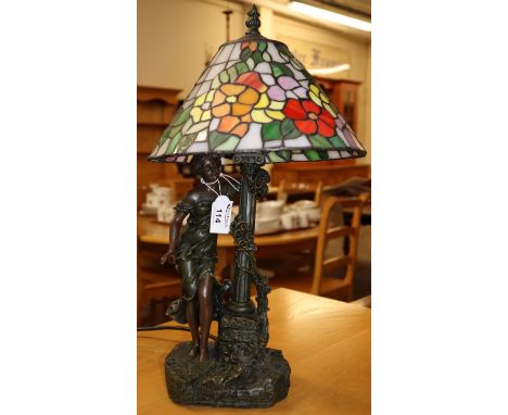 Modern bronzed figural table lamp with lead glazed floral shade.(B.P. 21% + VAT) 