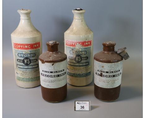 A pair of vintage copying ink 'Lyons'' no. 3 blue/black fluid bottles, together with a pair of blue/black record ink stonewar