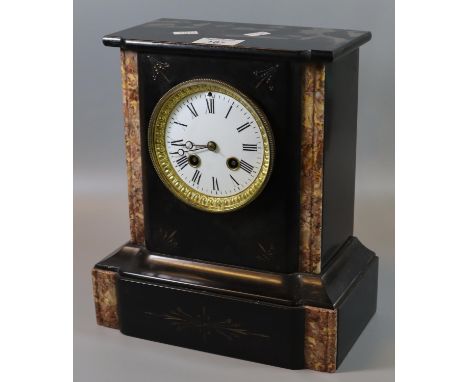 Late 19th century black slate and marble two train mantel clock with Roman face. 28cm high approx.(B.P. 21% + VAT) 