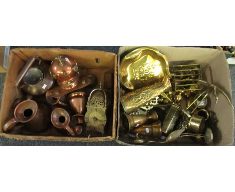 Two boxes of metalware to include; copper kettle, graduated copper measuring jugs, a copper and brass ornamental miniature di