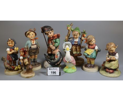 A collection of seven Hummel figurines of young boys and girls, together with a Royal Albert 'Jemima Puddleduck' figure from 