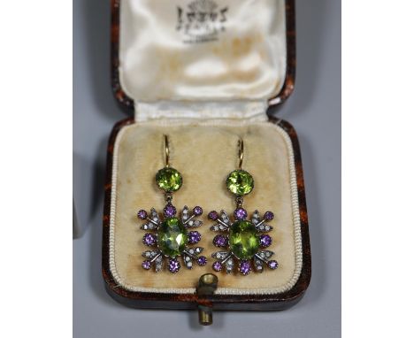 Pair of Edwardian style peridot, amethyst and diamond earrings.(B.P. 21% + VAT) 