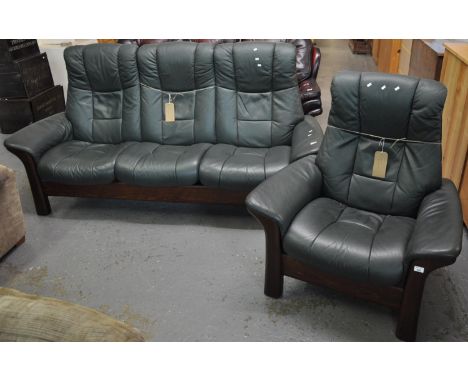 Modern green leather Scandinavian style three seater sofa with matching armchair made by 'Stressless'. (2)(B.P. 21% + VAT) 