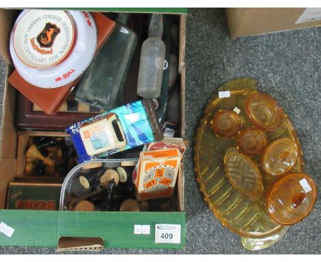 Box of assorted items to include; an amber glass dressing table set, glass bottles; one marked Gwilym Evans, chess pieces, ch