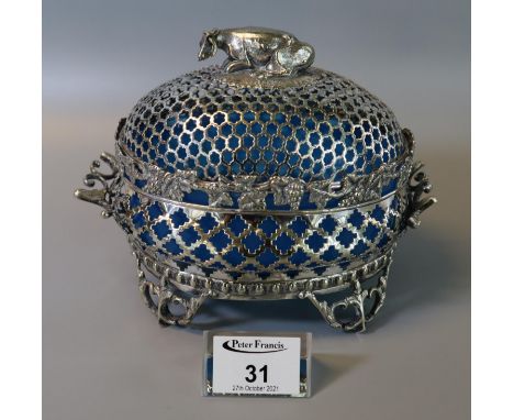 Victorian silver plated butter dish with turquoise glass liner and cow finial. (B.P. 21% + VAT) No obvious damage -  Glass li