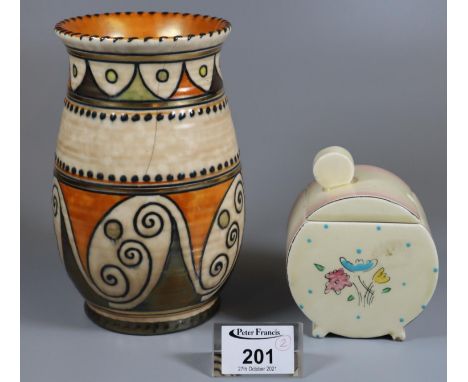 Charlotte Rhead 4920 tube lined vase, together with a Clarice Cliff 'Bizarre' floral lidded sucrier of circular form, printed