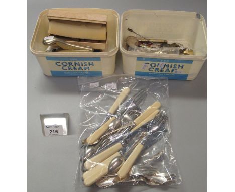 Box of assorted items to include; silver plated and other loose cutlery, brass letter embossers, vintage pen knives, clock pe