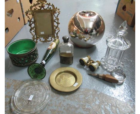 Box of assorted items to include: ornate gilt framed, standing picture frame, a metal spherical vase, a moulded glass, lidded