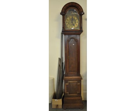 20th Century oak three train longcase clock with brass face, together with a box containing; weights, pendulum etc. (B.P. 21%