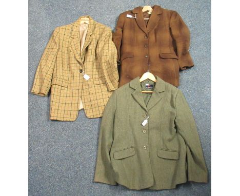 Three vintage woollen jackets; one green tweed by Sherwood Forest, a multi-tone brown check by 'Limited America' (size 12) an