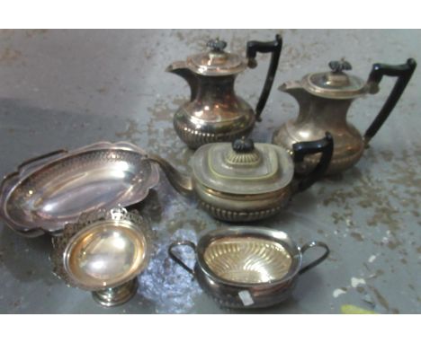 Box of assorted silver plate to include; basket, pedestal dish, coffee pots, sucrier, teapot etc. (B.P. 21% + VAT) 