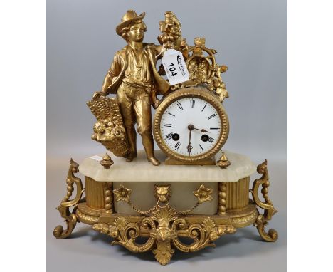 19th century French gilded  spelter two train figural mantel clock. 34 cm high approx.(B.P. 21% + VAT) 
