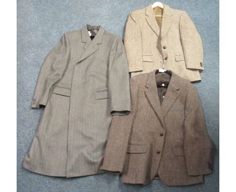 Small collection of men's vintage clothing to include; two Harris Tweed jackets and a grey woollen coat. (3)(B.P. 21% + VAT) 