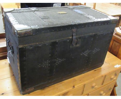 19th century wooden canvas and metal bounded engineers travelling trunk or box, the brass plaque marked Mr W Joyce Engineer, 