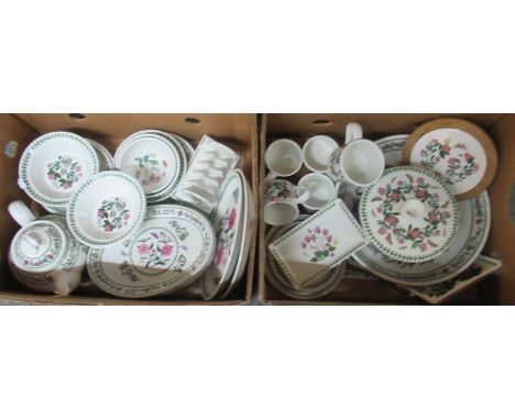 Two boxes of Portmeirion pottery 'Botanic Garden' design items to include; teapot, bowls, oval serving platters, toast rack, 