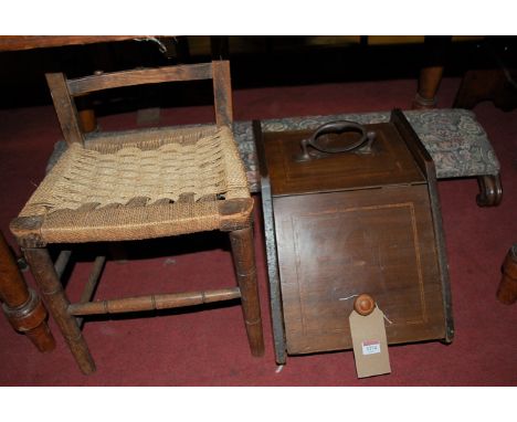 A Victorian mahogany and floral tapestry upholstered long footstool, together with an Edwardian coal purdonium and a child's 