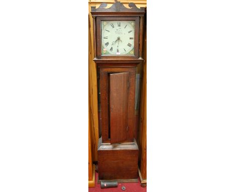 A circa 1800 provincial oak longcase clock, the painted dial signed White Wycombe, having 30 hour movement, with single weigh