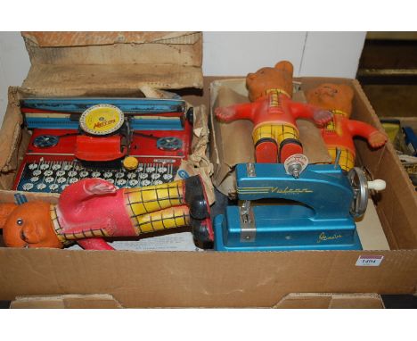 One box containing a quantity of mixed tinplate and plastic toys to include a Mettoy Junior Typewriter, a Tucher &amp; Walthe