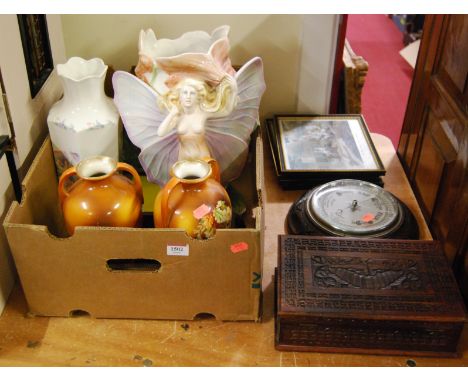 One box containing a quantity of various glassware and ceramics together with an oak cased wall barometer, various racing pri