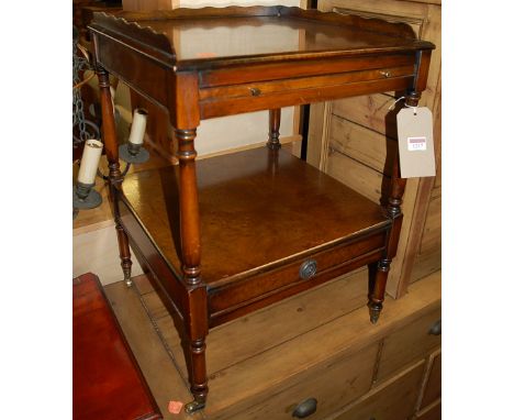 A contemporary burr oak three-quarter galleried low two-tier lamp table, having upper pull-out slide over single lower drawer