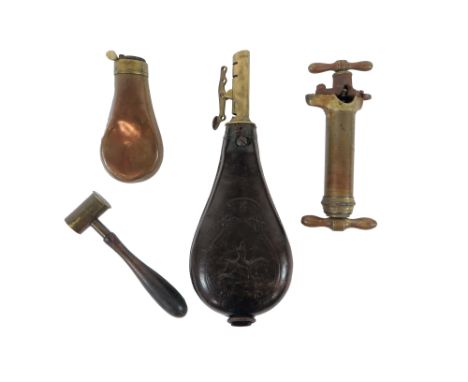 Pistol Powder Flask and Leather Shot Flask small copper bag shape body flask. Brass top with exposed spring. Nozzle absent ..