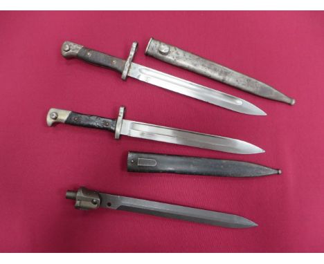 Three Various Continental Bayonets consisting Chilean contract Mauser bayonet. 10 inch single edged blade with fuller. The fo