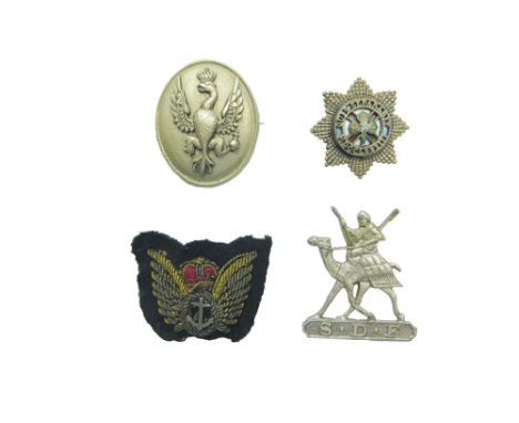 Selection of Various Badges including cast white metal S.D.F. ... Silvered and enamel 4th Royal Irish Dragoon Guards (brooche