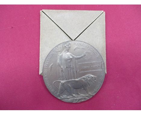 WW1 Casualty Death Plaque circular bronze plaque 'He Died For Freedom and Honour'. Named to 'Joseph Alston'. Complete with ca