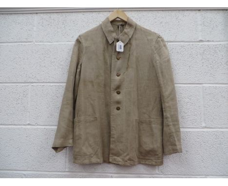 German Third Reich Fatigue Tunic cream khaki herringbone material, single breasted closed collar tunic. Turned down collar. O