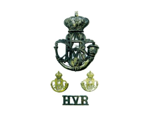 Scarce Set of Hyderabad Volunteer Rifles Badges consisting white metal Guelphic crown over HVR and strung bugle pouch badge. 