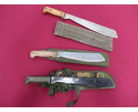 Three Various Machetes consisting 1958 patt example. 13 inch single edged blade with 'Martindale' maker's stamp. Wooden grip.