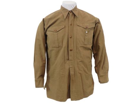 Third Reich German Issue Shirt mid tan cotton drill three quarter front buttoned pull over shirt.  Fold over collar.  Pleated