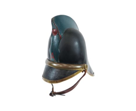 Early 20th Century Leather Fire Brigade Helmet black leather high crown and rear downswept brim with brass edging. Green pain