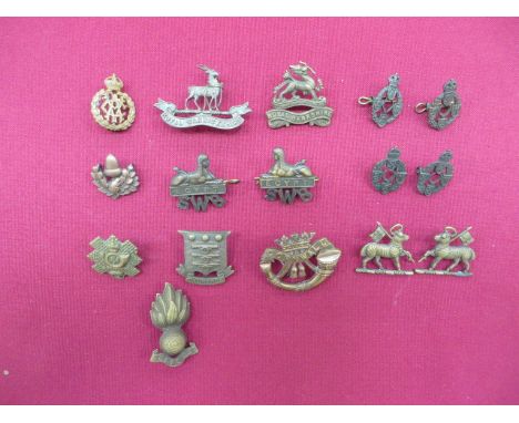 Selection of Officer Collar Badges bronzed examples include pair SWB ... Pair Queens ... Pair KC REME ... Royal Warwickshire 